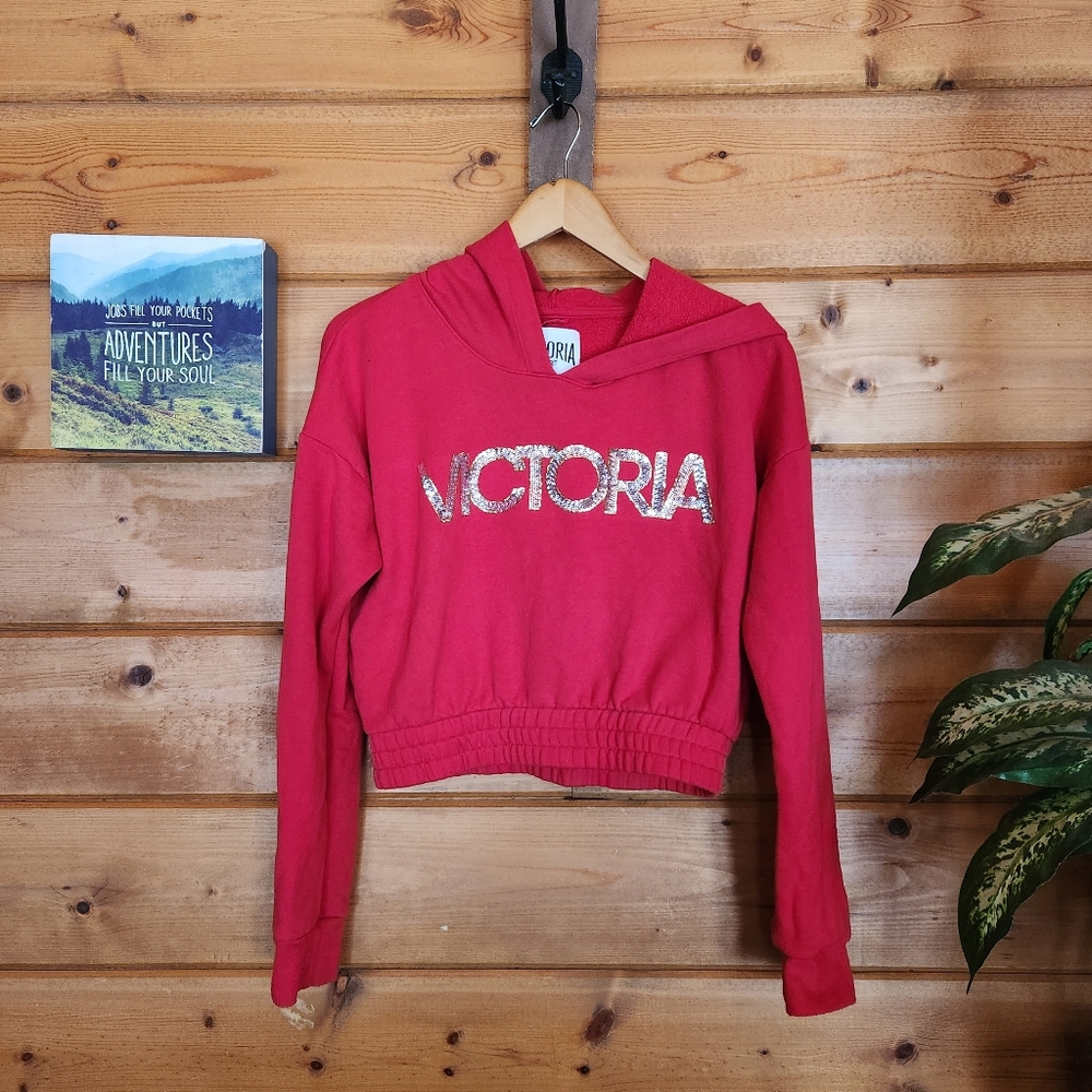 Victoria‎ Secret 💜 Sport Red Cropped Hoodie Sweatshirt Gold Sequin Spellout Med